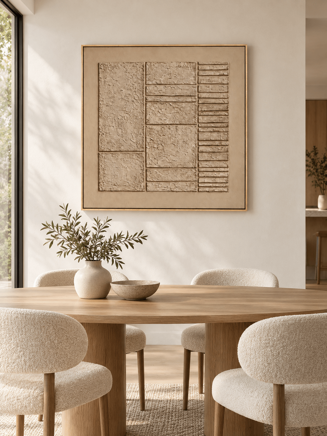Large neutral geometric relief wall art displayed in an organic modern open dining room with wood and stone furniture