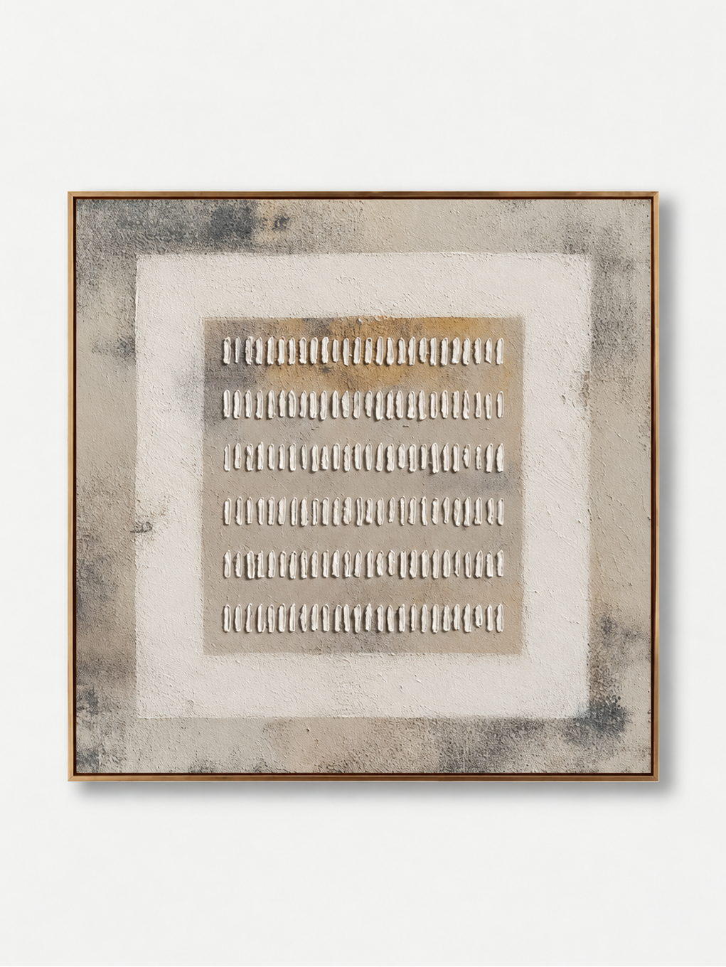 Hand-painted neutral textured geometric wall art in ivory, taupe and soft gray with raised relief marks by Eliot Vermeer
