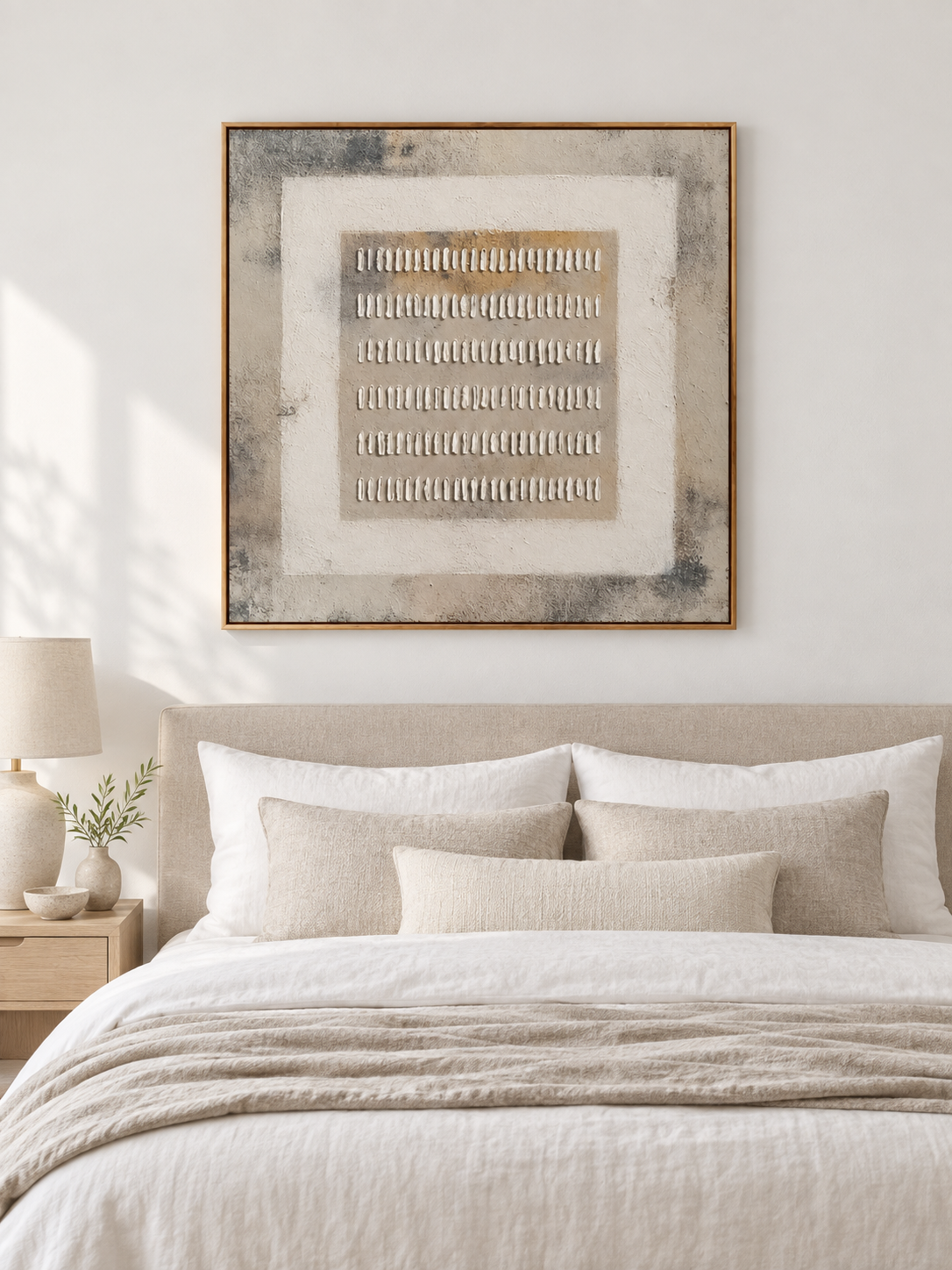 Ivory taupe and gray wabi-sabi textured painting displayed above the bed in a warm minimalist bedroom