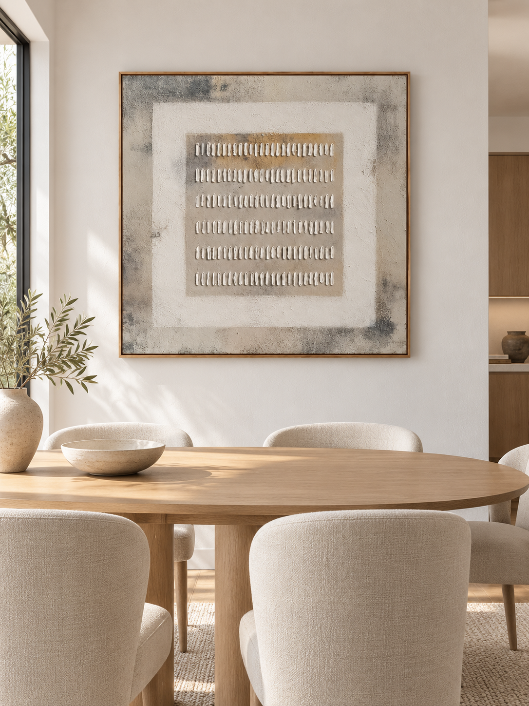 Large neutral geometric relief wall art displayed in an organic modern open dining room with wood and stone furniture