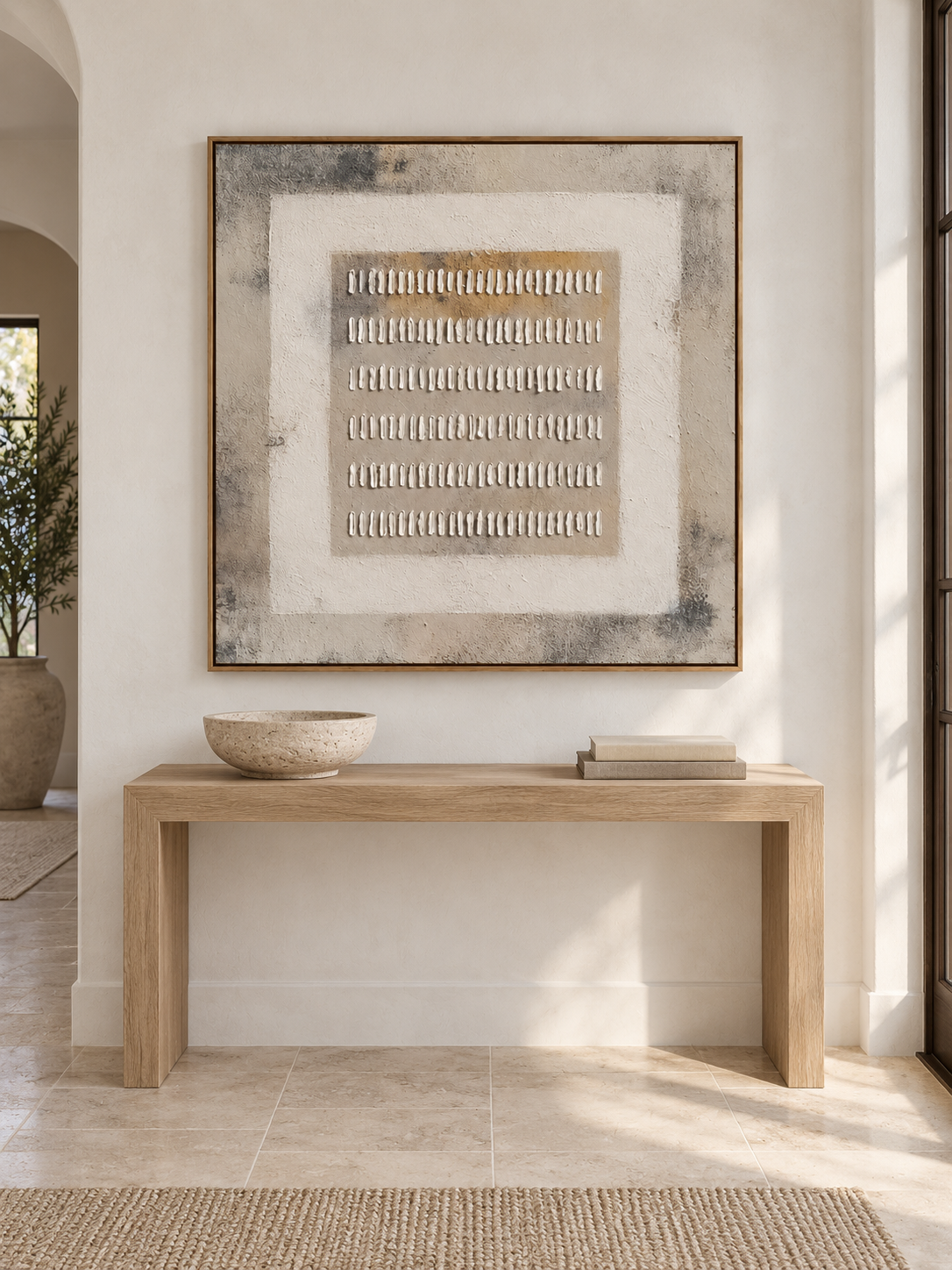 Square beige and gray textured wall art displayed above an entryway console in a Japandi interior