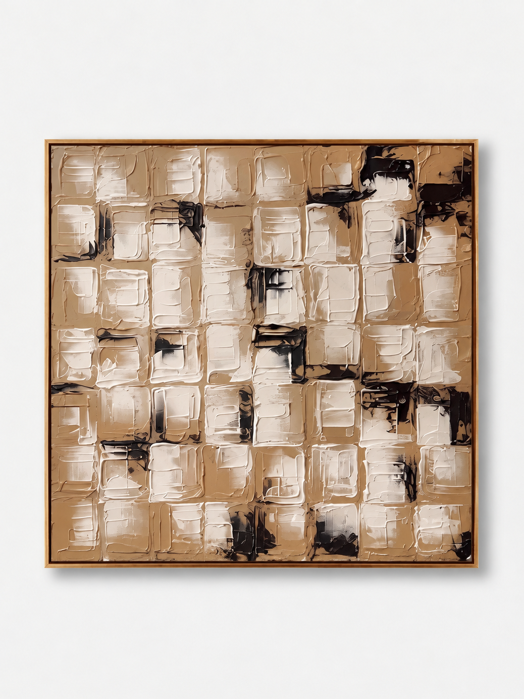 Hand-painted beige and black textured geometric wall art with cream and caramel impasto blocks by Eliot Vermeer