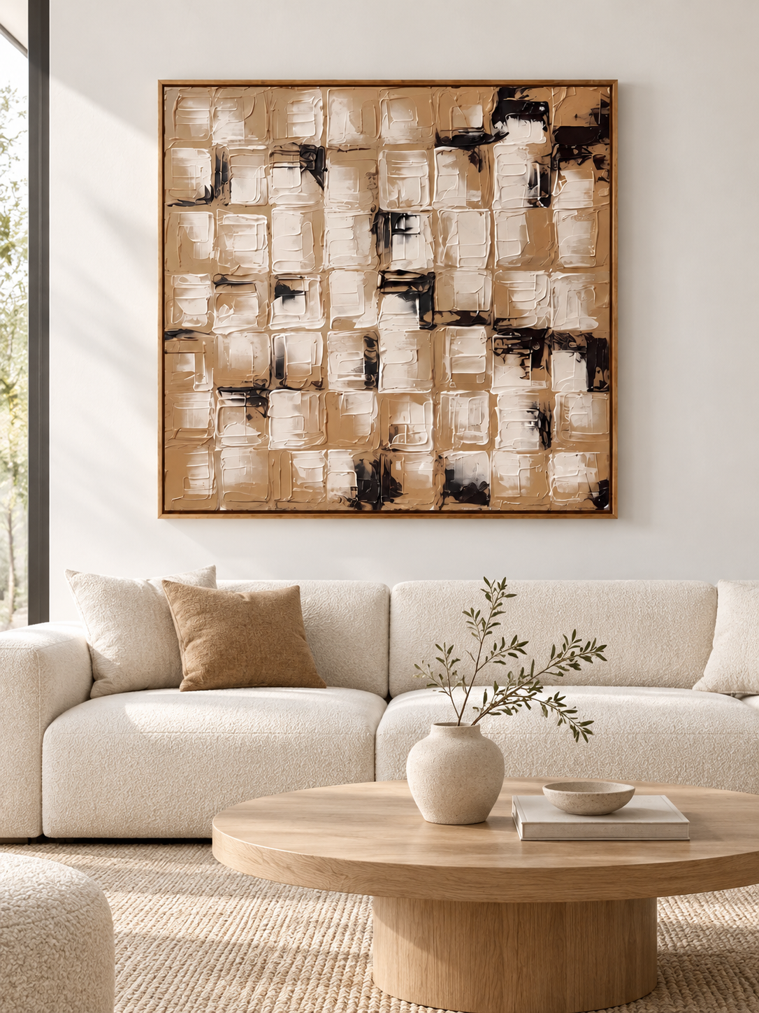 Large beige and black textured geometric wall art displayed above a cream sofa in an organic modern living room