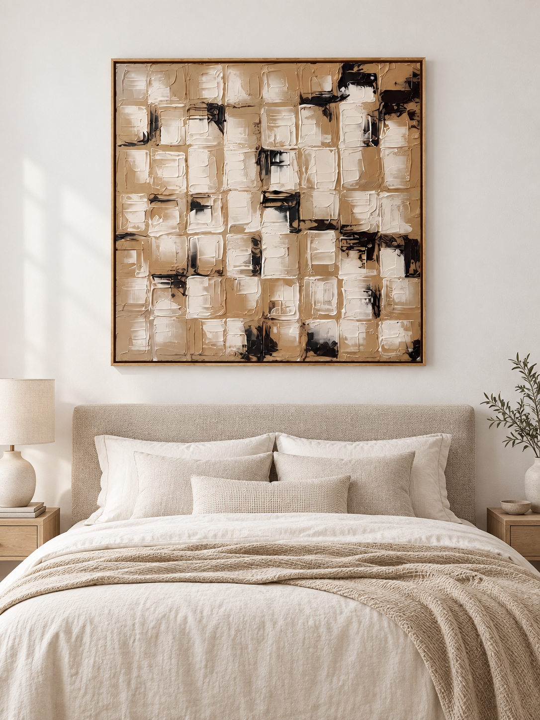 Warm beige caramel and black textured abstract painting displayed above the bed in a neutral modern bedroom