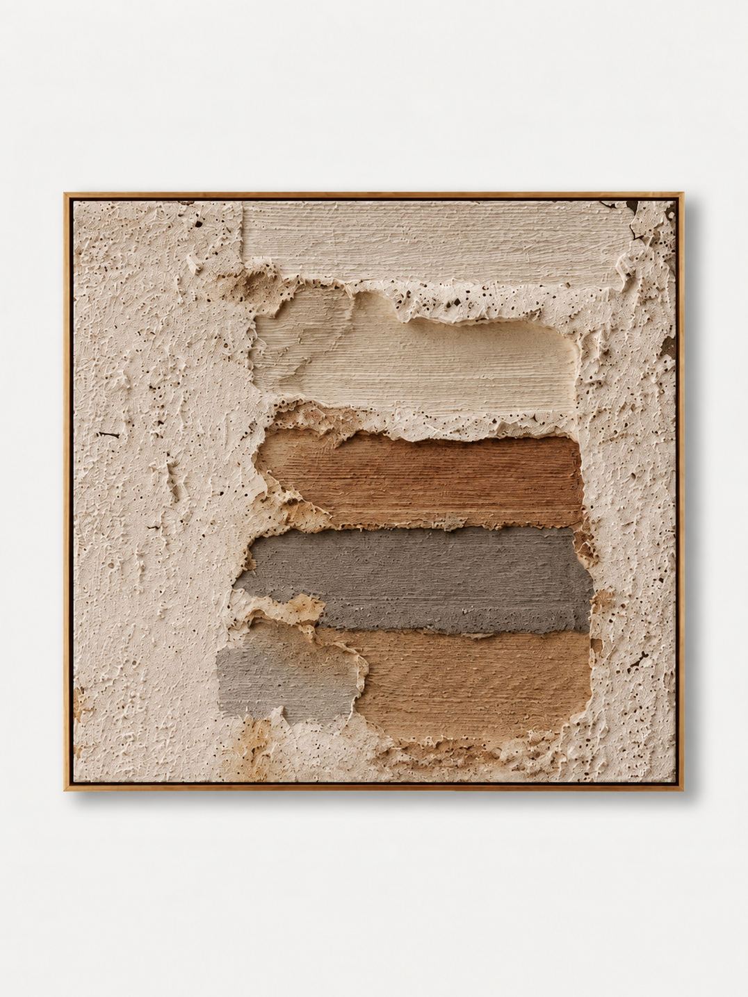 Hand-painted neutral textured wall art with ivory plaster relief and layered beige brown and gray earth tones by Eliot Vermeer