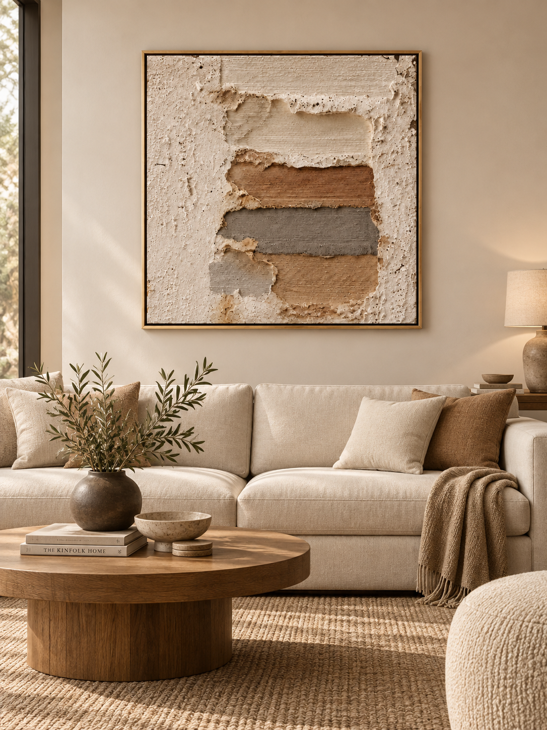 Large neutral textured earth tone wall art displayed above a beige sofa in an organic modern living room
