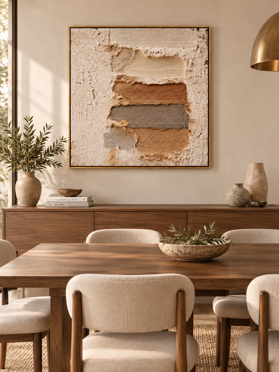 Large plaster textured abstract wall art displayed in an organic modern open dining room with natural wood furniture