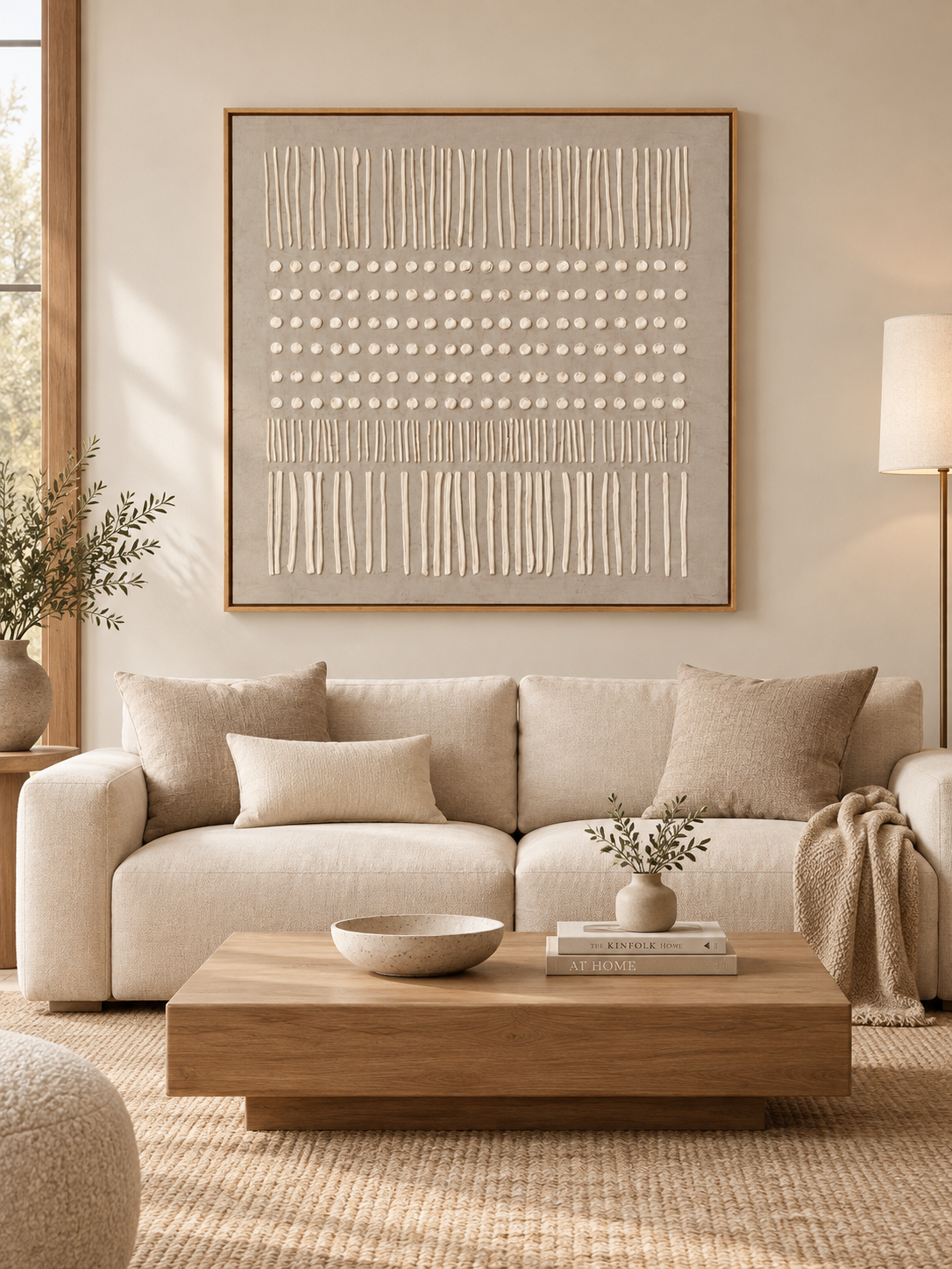 Large beige textured geometric wall art displayed above a cream sofa in an organic modern living room