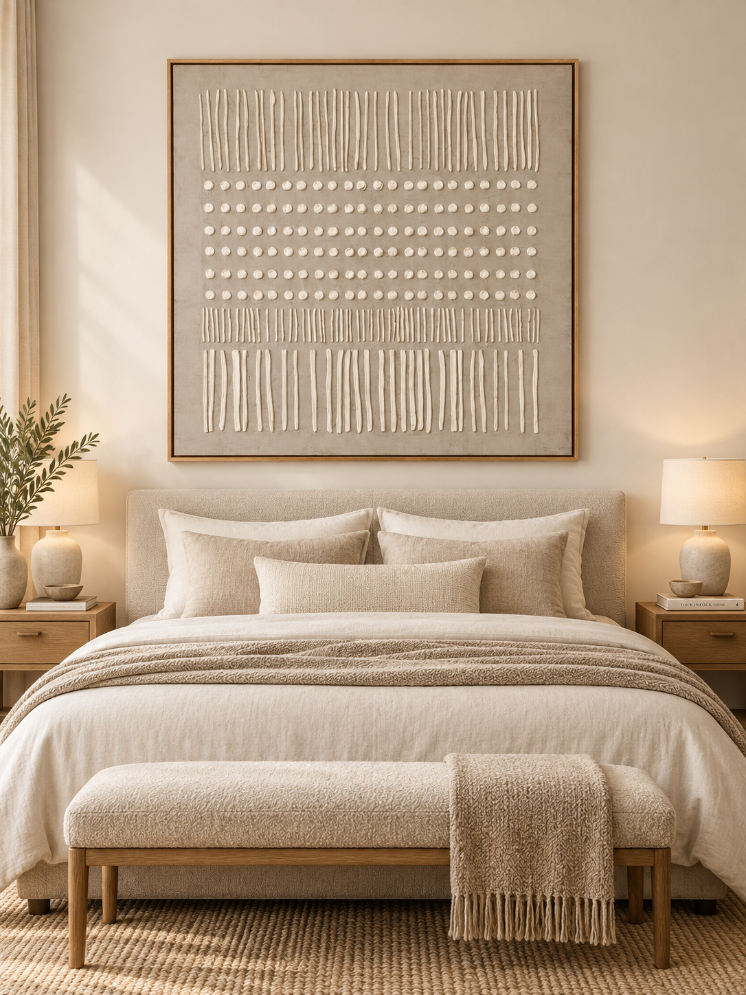 Greige and ivory minimalist relief wall art displayed above the bed in a warm neutral bedroom