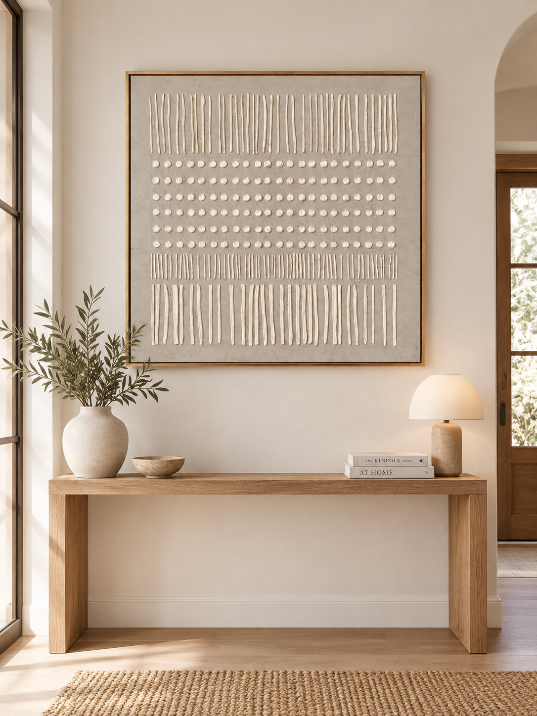 Square beige wabi-sabi textured wall art displayed above an entryway console in a Japandi-inspired interior