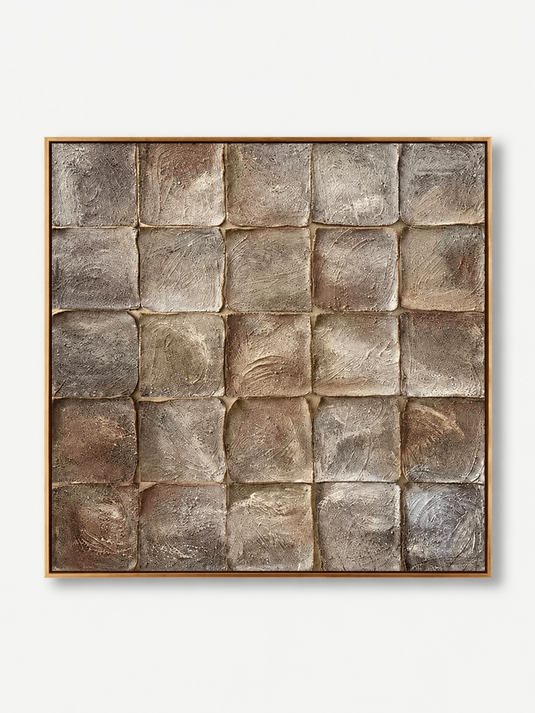 Hand-painted taupe textured geometric wall art with bronze-toned brown and pewter gray square blocks by Eliot Vermeer
