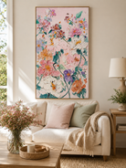 Modern textured floral wall art with blush pink background and raised pastel flowers