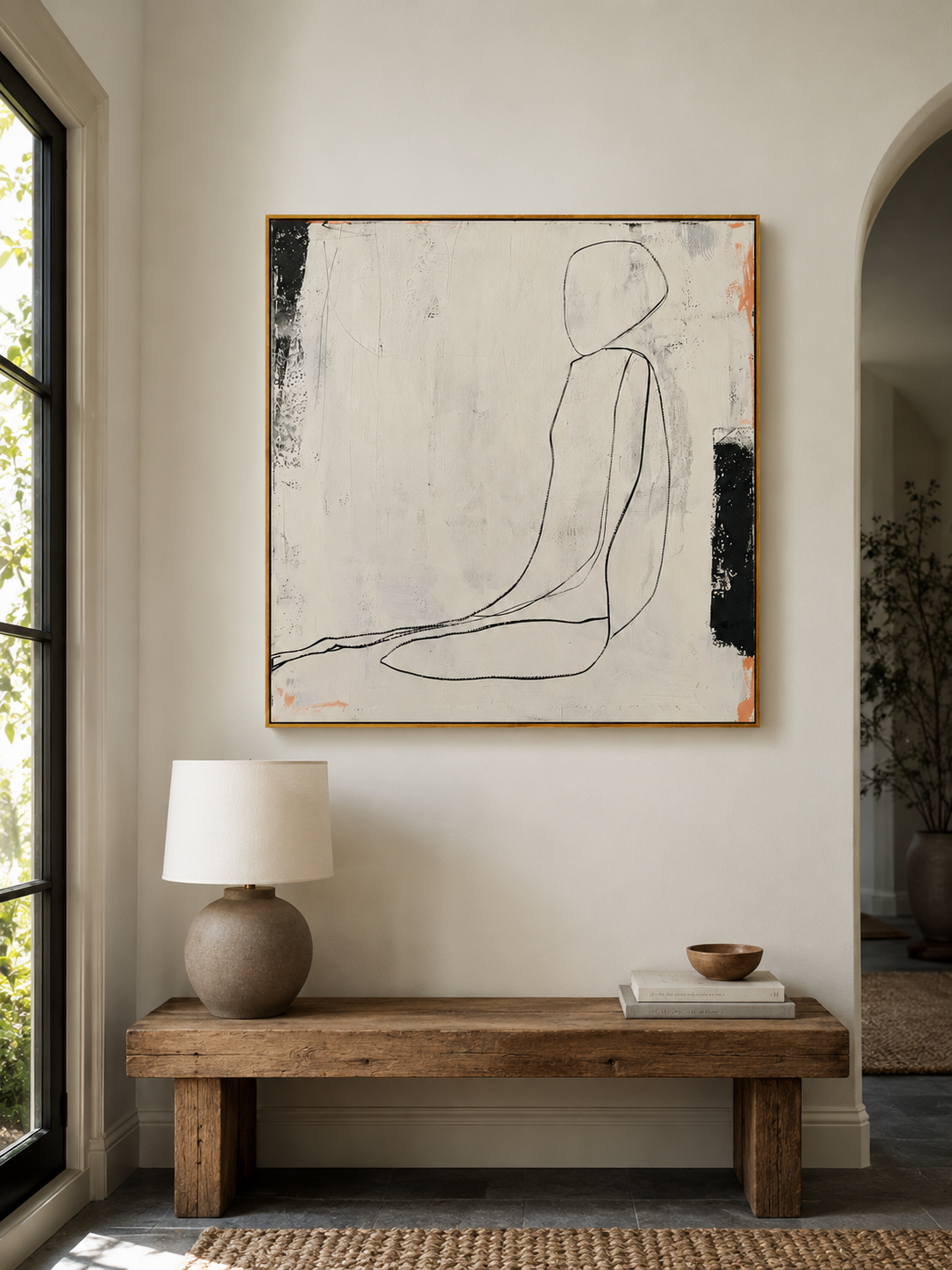 Contemporary minimalist figure drawing on textured canvas