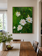 Green floral wall art with raised white flowers for living room and bedroom decor
