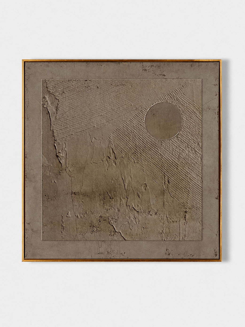 Hand painted wabi sabi textured wall art with earth tone plaster relief and circular sun form by Eliot Vermeer