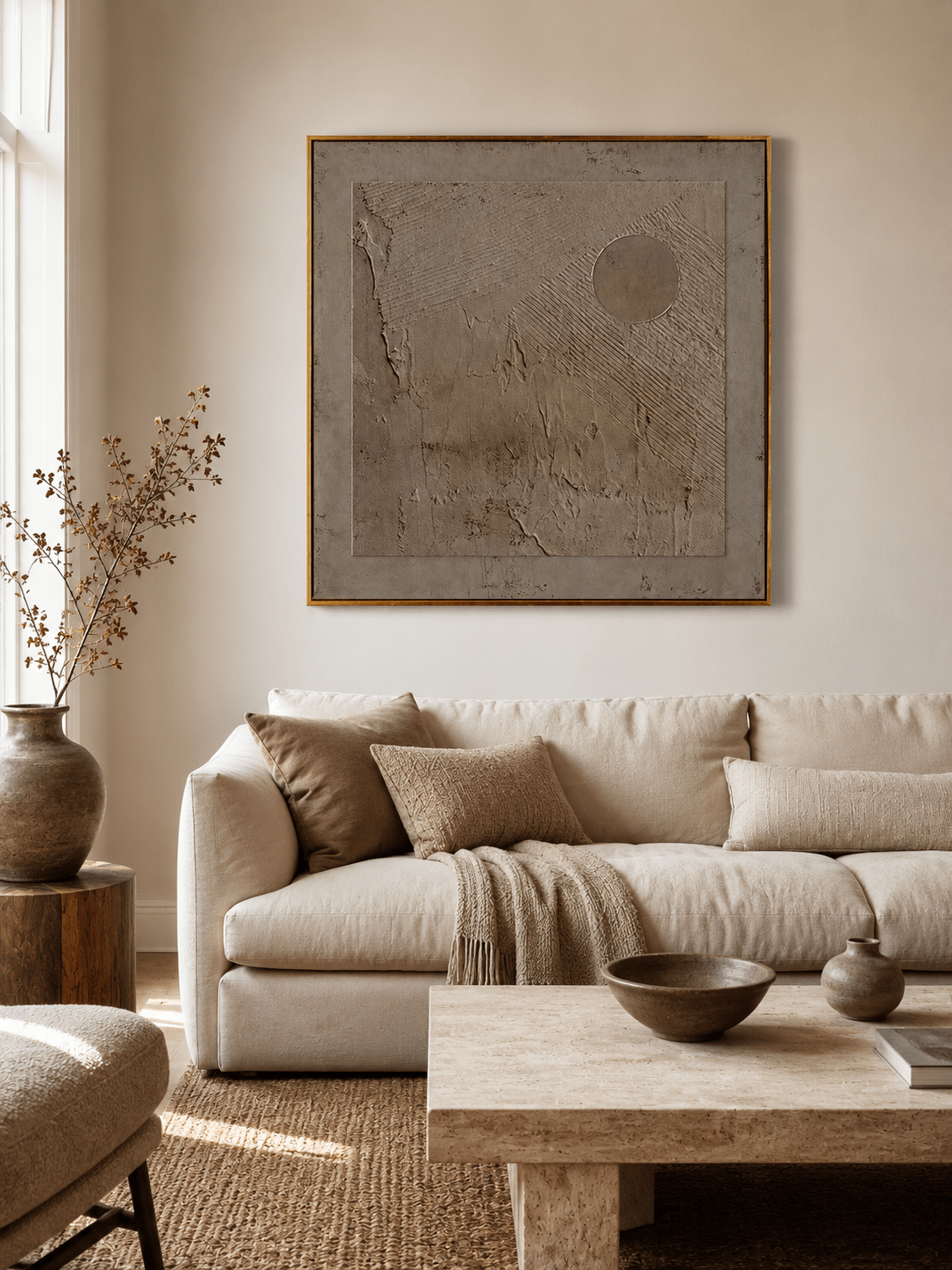 Neutral textured abstract wall art with brown plaster surface and circular form