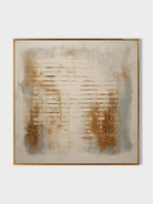 textured abstract wall art with an ivory architectural grid, rust-brown details and pale blue-grey accents.