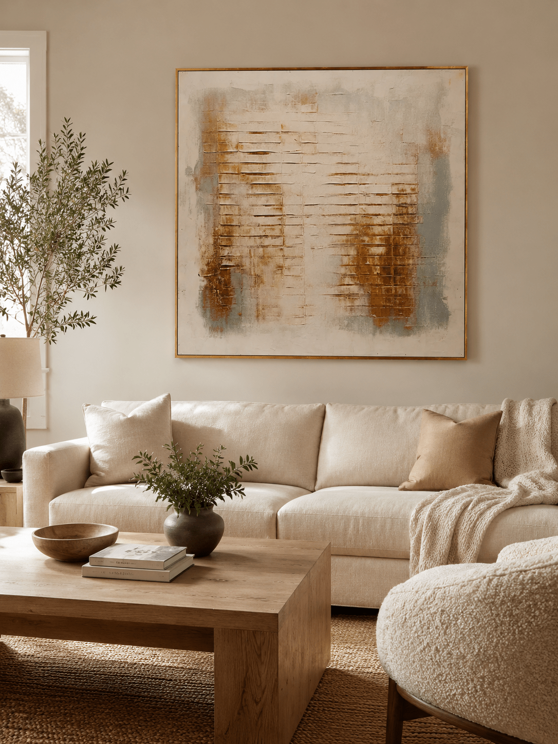 Neutral architectural wall art with raised ivory lines and weathered rust-brown texture