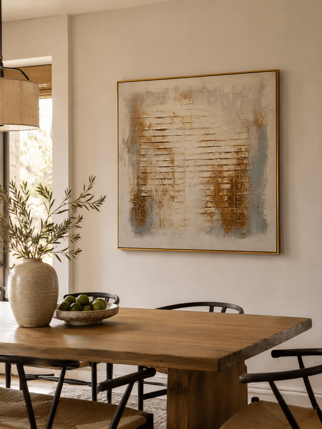 Modern textured abstract canvas in cream, greige, pale blue-grey and caramel brown