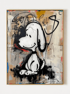 Hand-painted urban graffiti wall art featuring a black-and-white cartoon beagle with layered abstract marks by Kaelan Slate