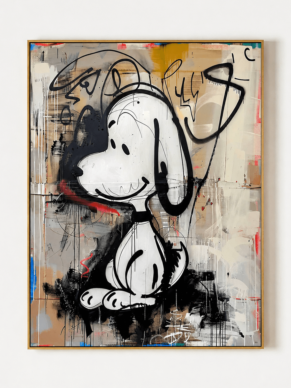 Hand-painted urban graffiti wall art featuring a black-and-white cartoon beagle with layered abstract marks by Kaelan Slate