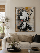 Modern cartoon dog wall art with black graffiti lines and colorful abstract accents