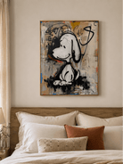 Hand-painted urban pop art canvas featuring a seated black-and-white cartoon beagle