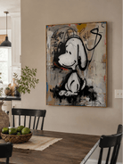 Graffiti-style dog painting with cream, grey, red, yellow and blue details
