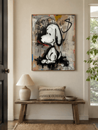 Contemporary street art canvas with playful cartoon character and paint drips