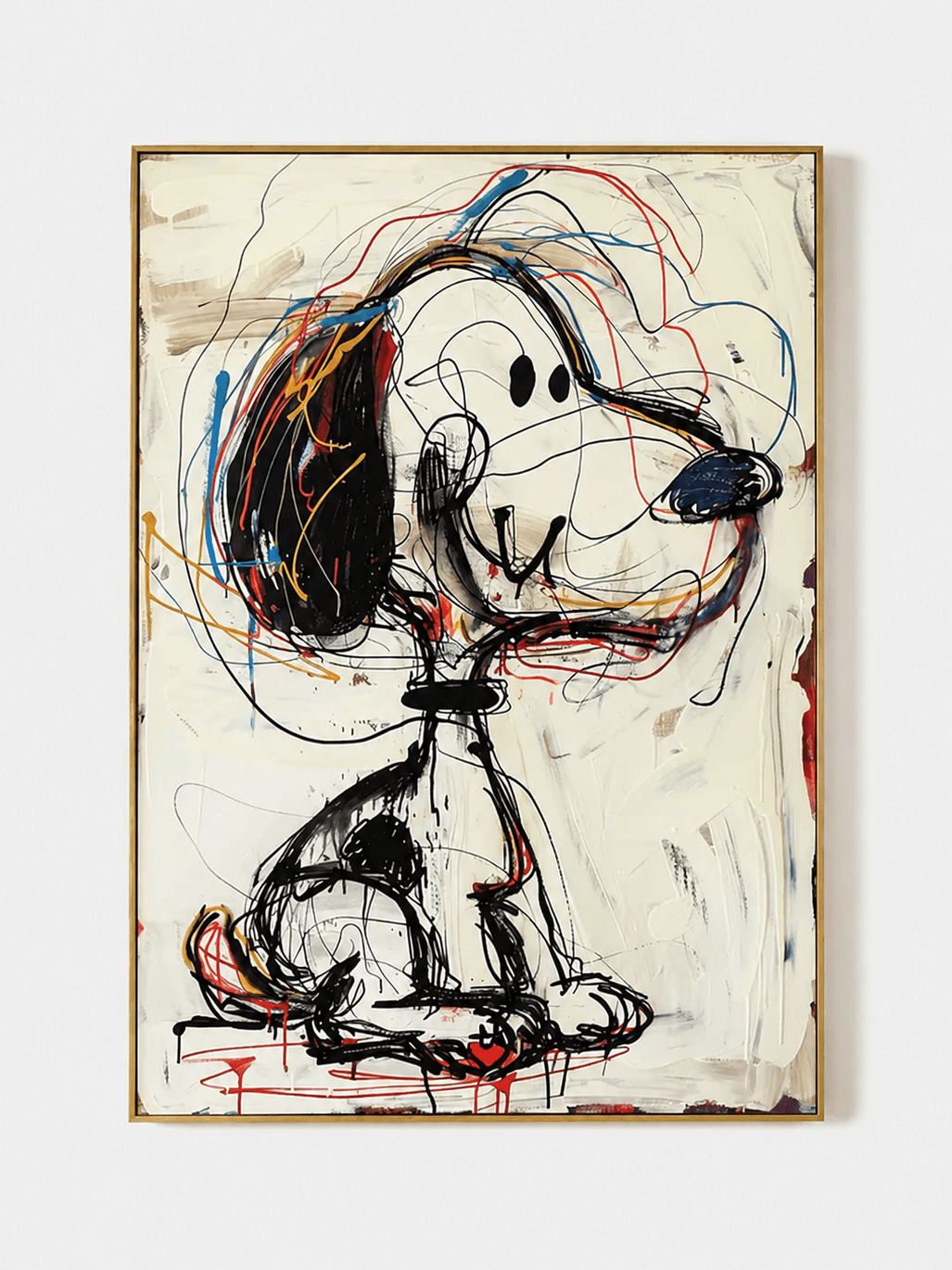 Hand-painted abstract graffiti dog wall art with black sketch lines and red, blue and ochre accents by Kaelan Slate