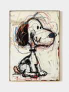 Hand-painted abstract graffiti dog wall art with black sketch lines and red, blue and ochre accents by Kaelan Slate