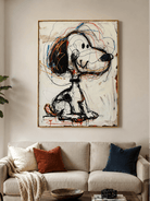 Abstract cartoon dog painting with expressive black lines and colorful graffiti marks