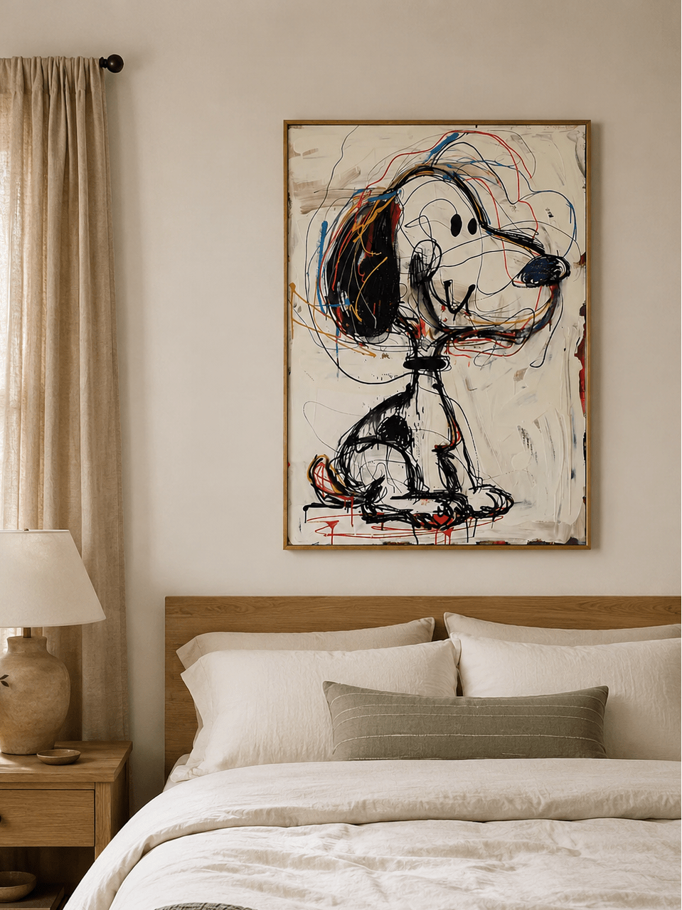Hand-painted graffiti dog canvas on a warm ivory background