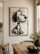 Colorful cartoon dog wall art displayed in a modern creative studio