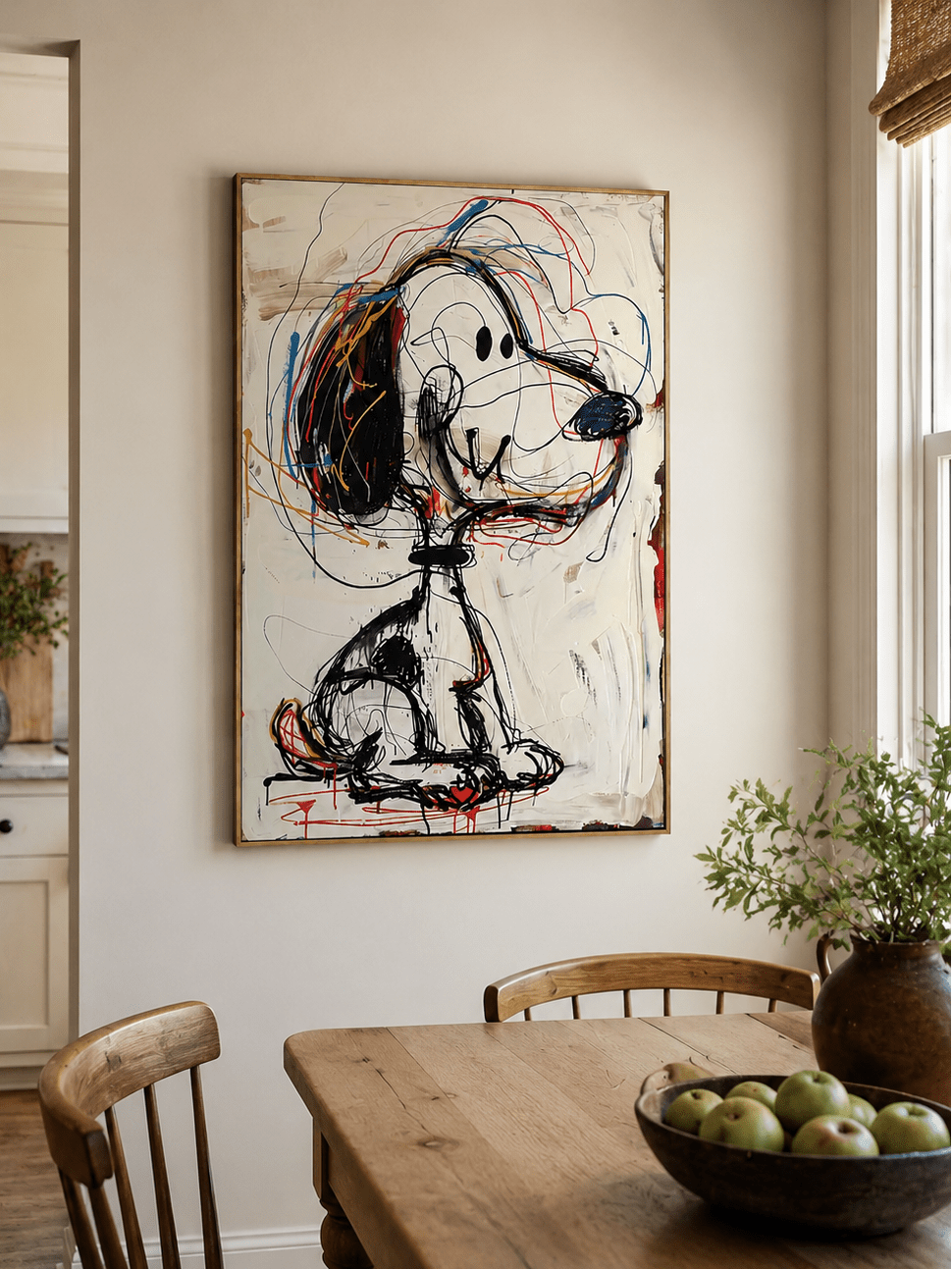 Colorful cartoon dog wall art displayed in a modern creative studio