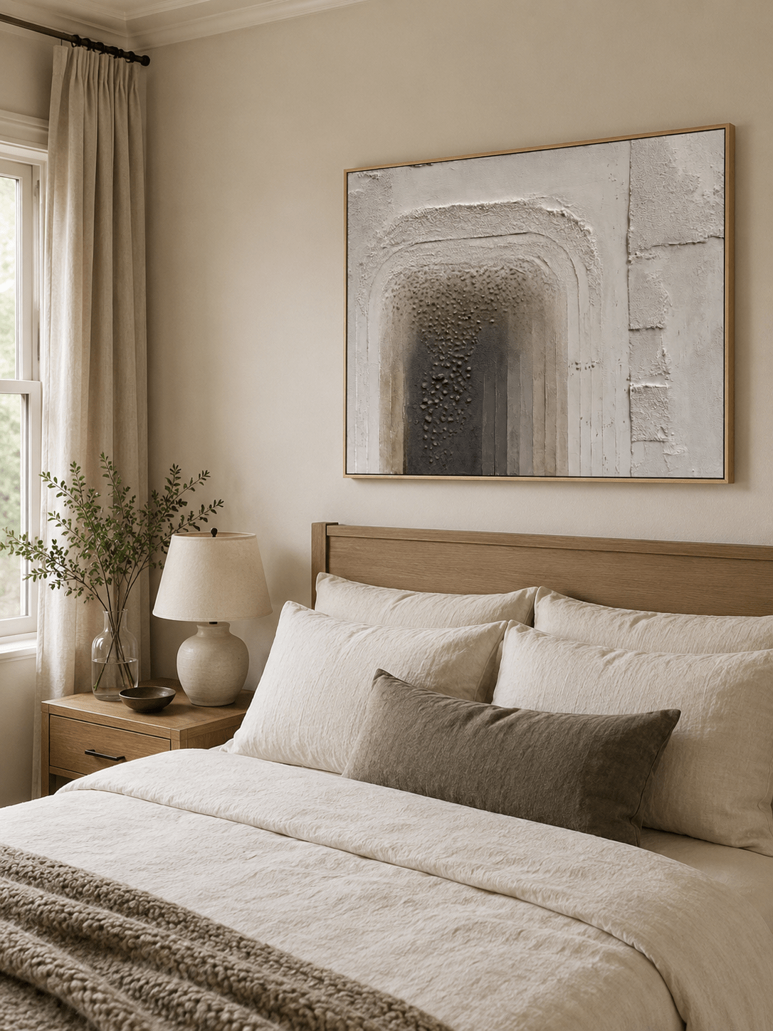 Neutral architectural wall art with a layered textured arch in ivory and grey