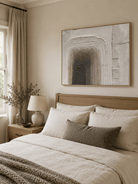Neutral architectural wall art with a layered textured arch in ivory and grey
