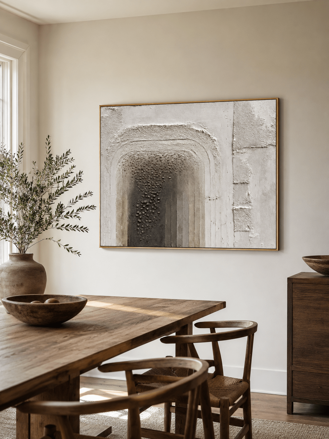 Modern plaster-inspired abstract canvas with recessed archway forms