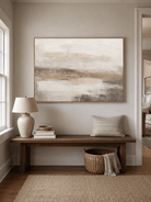 Minimalist ivory and greige canvas with an atmospheric horizontal horizon