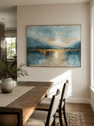 Horizontal textured mountain wall art in misty blue, teal and ivory