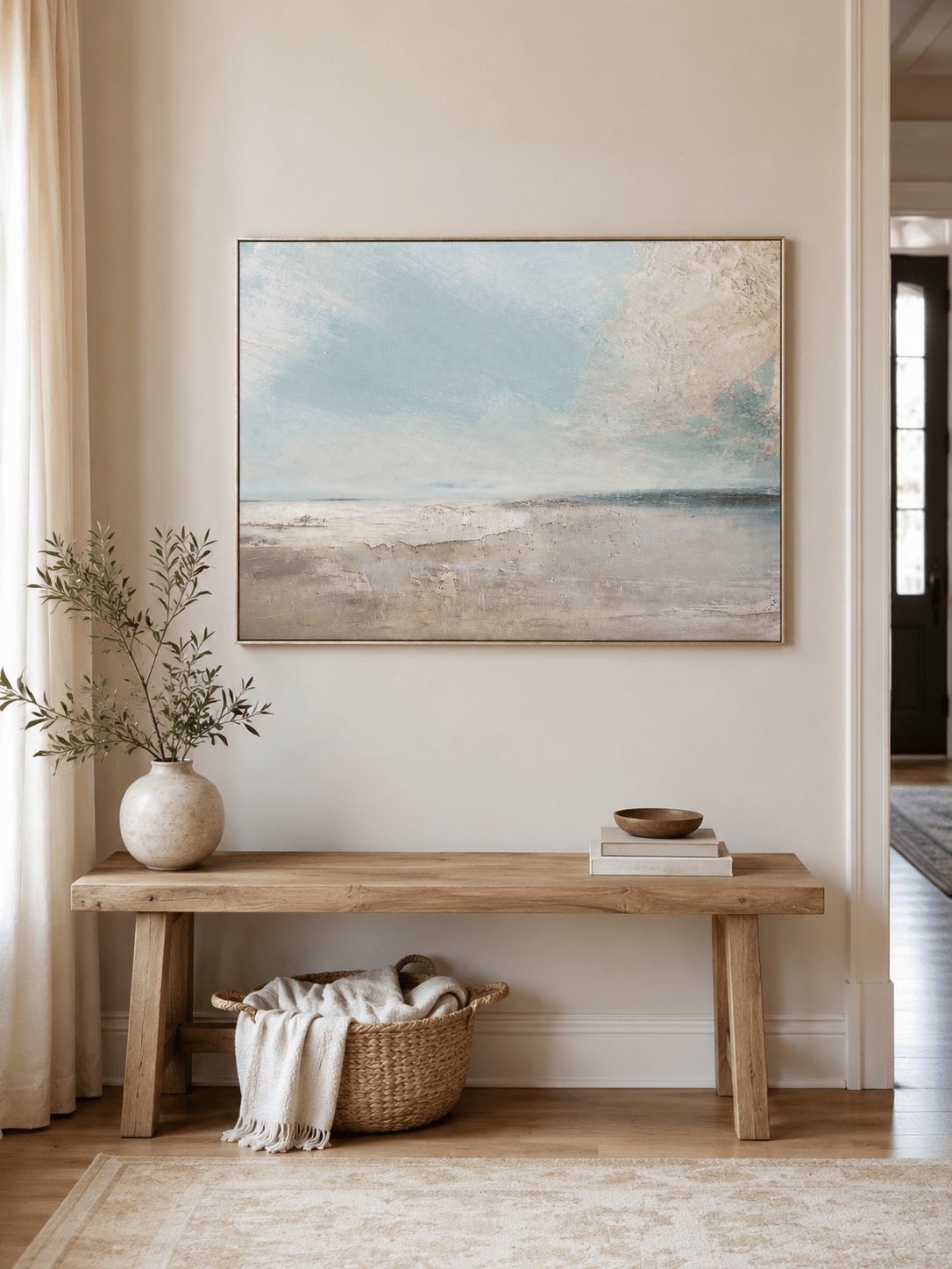 Calming seascape canvas painting with soft horizon and light texture