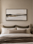 Neutral textured horizon wall art with a distant misty shoreline