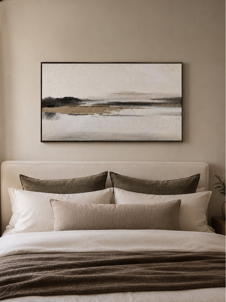 Neutral textured horizon wall art with a distant misty shoreline