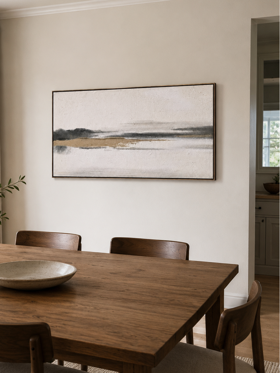 Minimalist horizontal landscape painting in ivory, charcoal and taupe