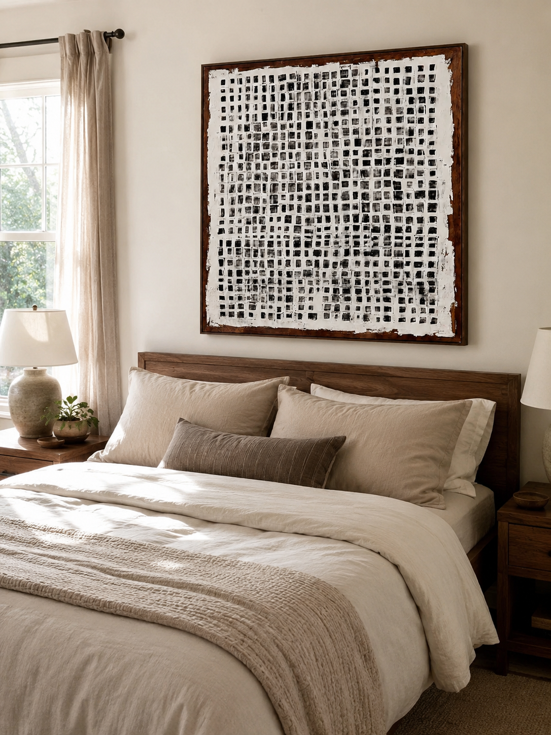 Black and white abstract grid wall art on square canvas