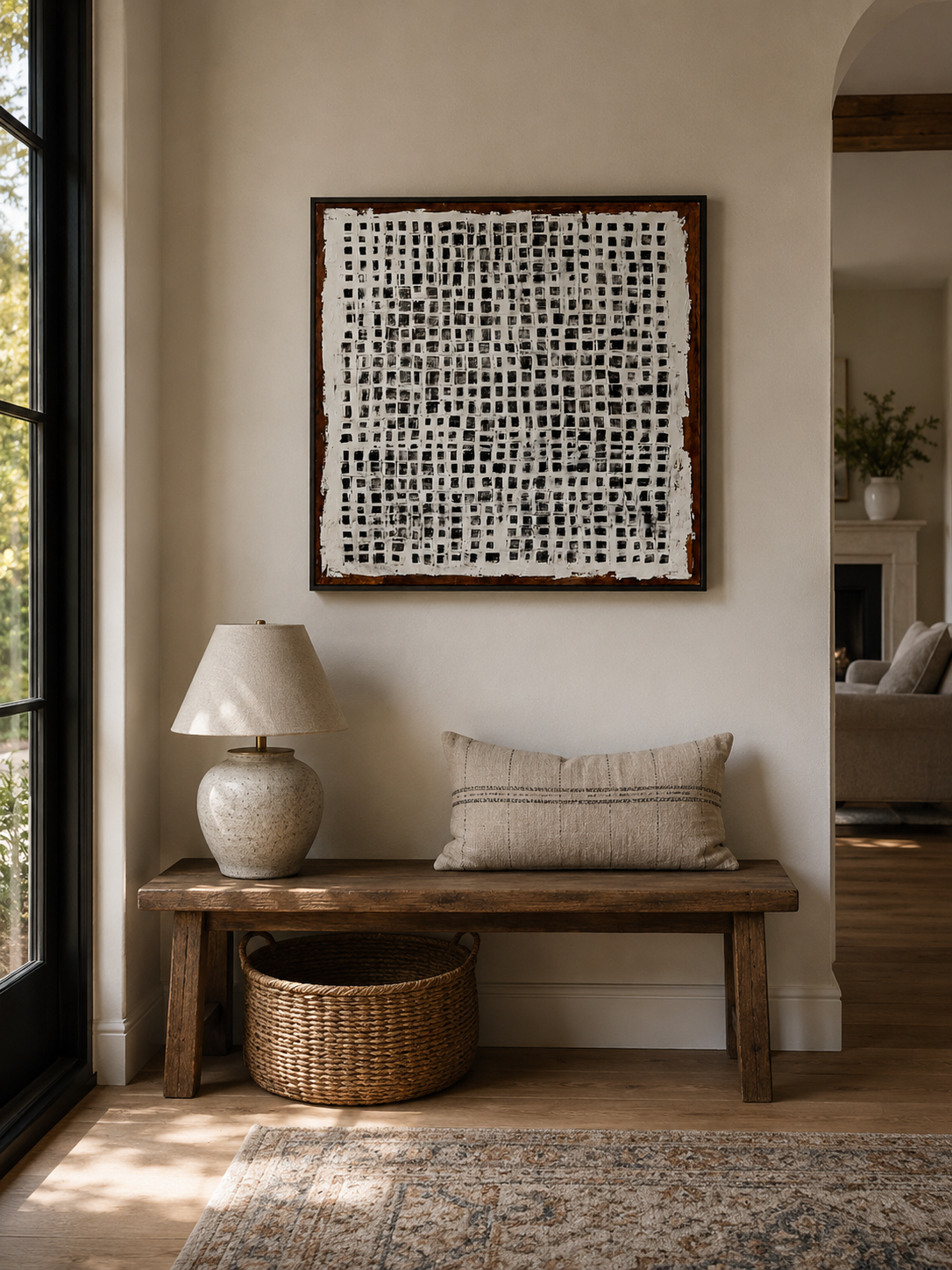 Contemporary square abstract painting in black, white and gray
