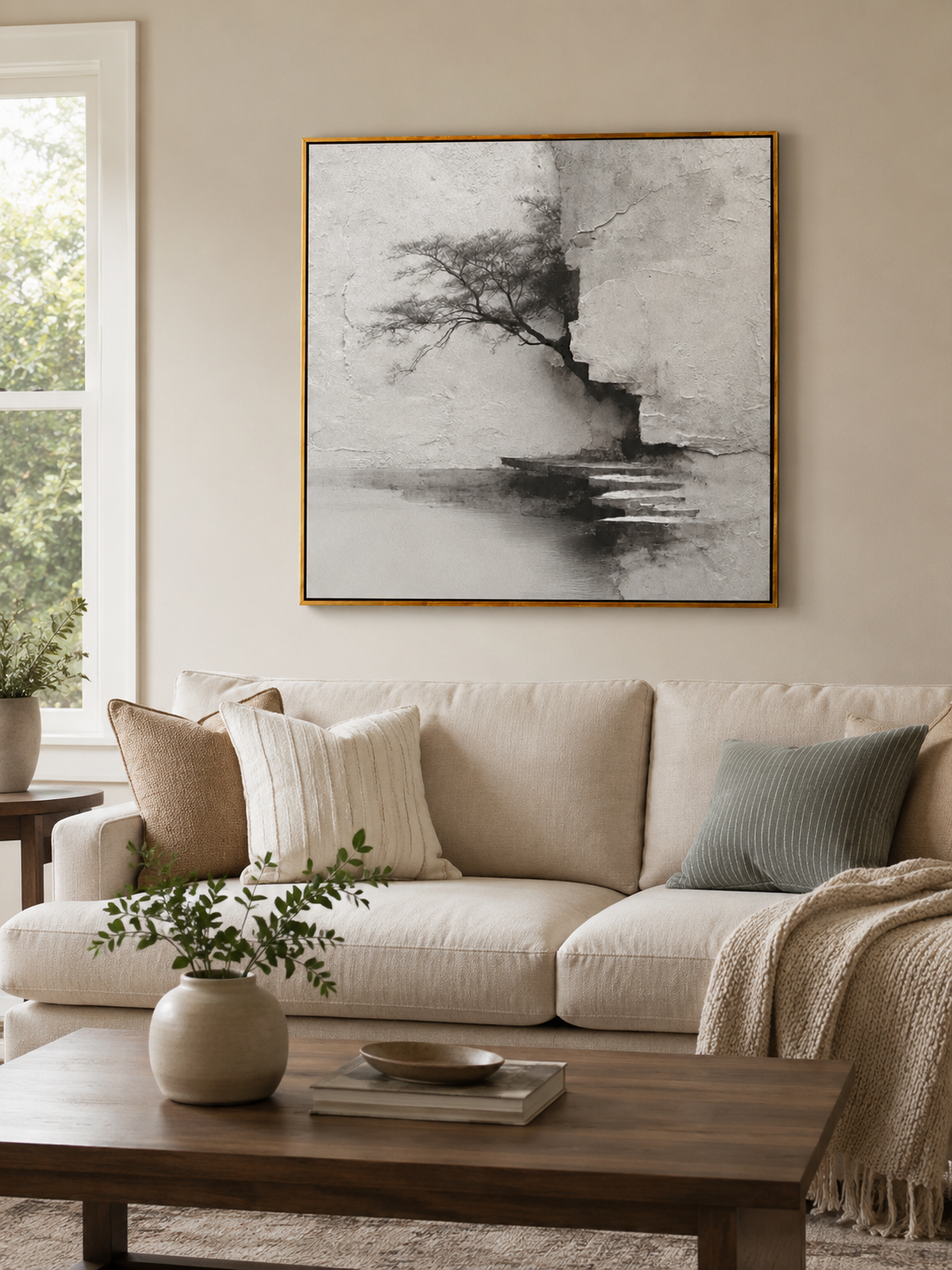 Wabi sabi lone tree textured wall art displayed above a neutral sofa in a modern living room