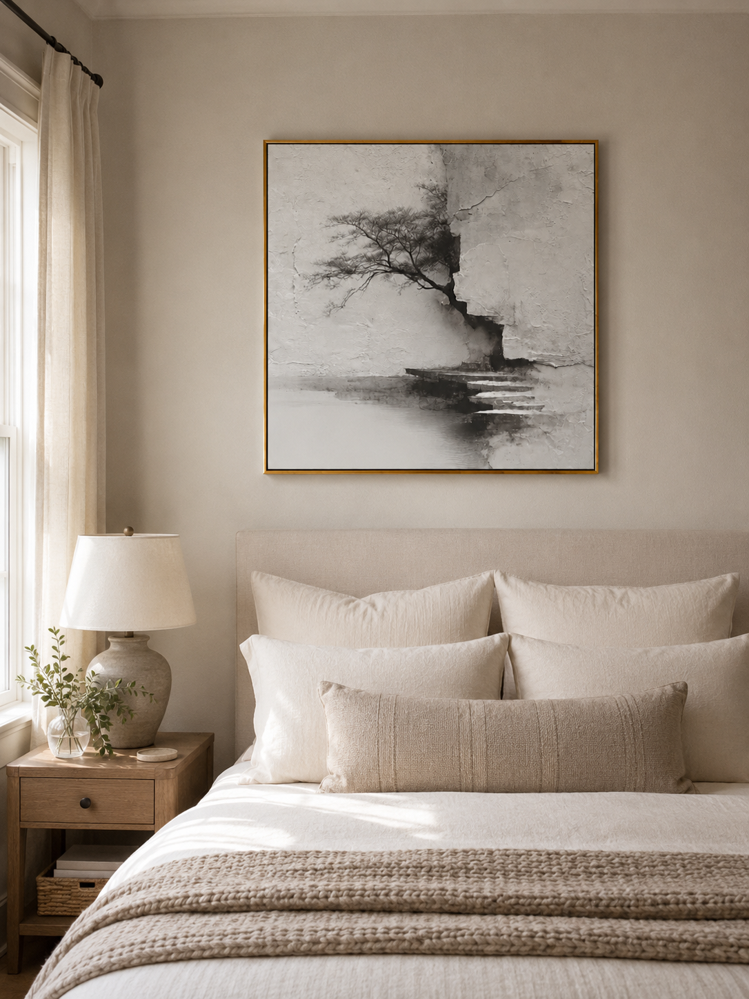 Monochrome lone tree hand-painted wall art displayed above the bed in a calm minimalist bedroom