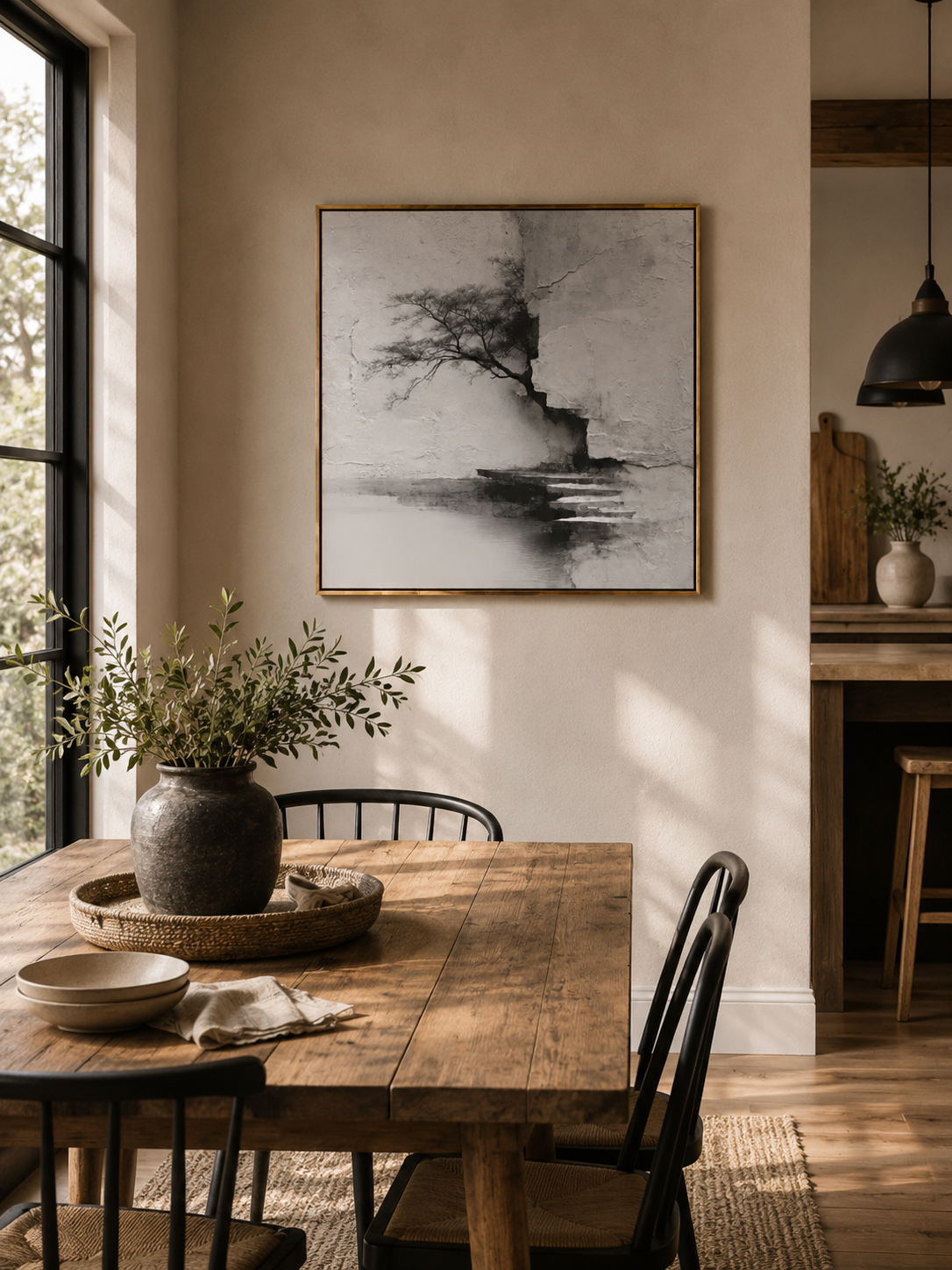 Wabi sabi textured tree artwork displayed in a neutral open-plan dining room with modern natural decor
