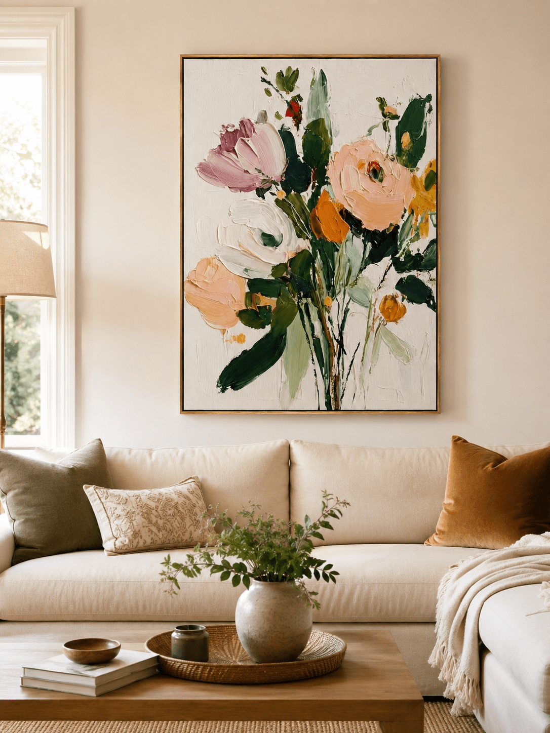 Modern impasto floral bouquet painting above a neutral sofa in a contemporary living room